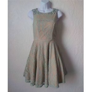 Jodi Kristopher Fit Flare Dress Women Teen 3 Beige Green Floral Lace Sequin